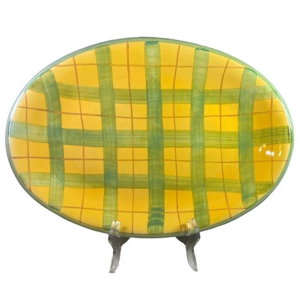 Vintage Alcobaca Portugal Hand Painted Oval Serving Platter Yellow Green 18.5”